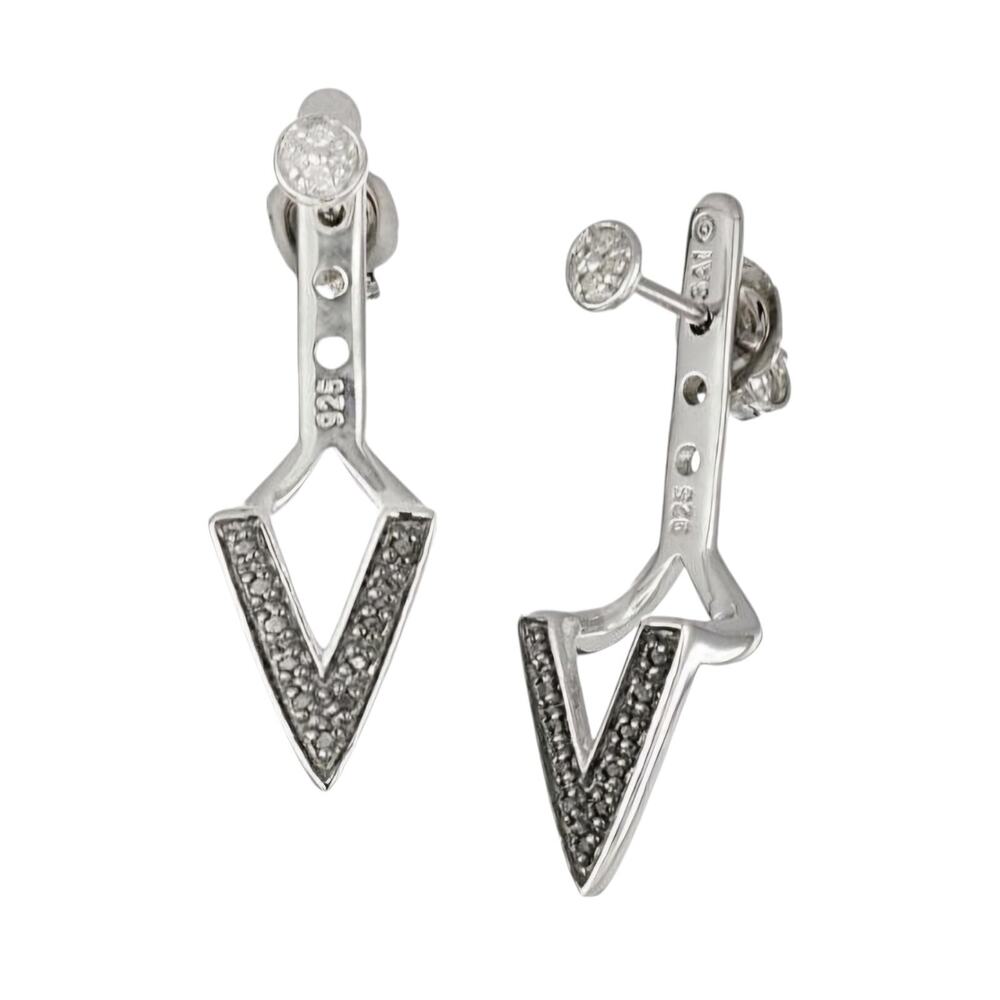 Sterling Silver Black and White Diamond V Jacket Post Earrings